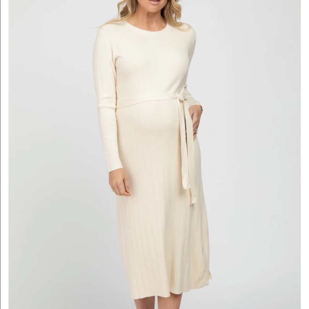 Cream Ribbed Knit Waist Tie Side Slit Dress